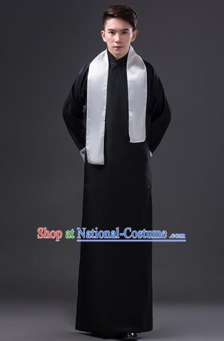 Traditional Chinese Republic of China Costume Black Long Gown, China National Comic Dialogue Clothing for Men