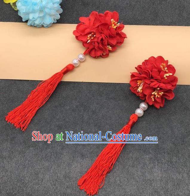 Traditional Chinese Handmade Hair Accessories Hairpins Hanfu Red Flowers Tassel Hair Claw for Kids