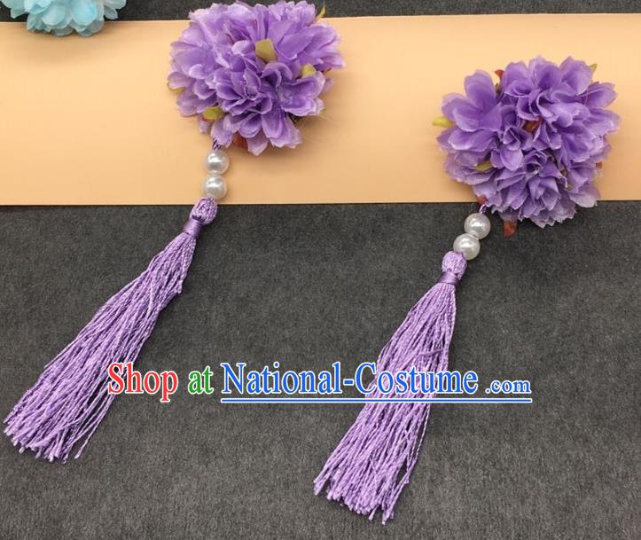 Traditional Chinese Handmade Hair Accessories Hairpins Hanfu Purple Flowers Tassel Hair Claw for Kids