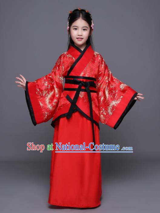 Traditional Chinese Ancient Princess Costume, China Han Dynasty Palace Lady Hanfu Curving-Front Robe for Kids