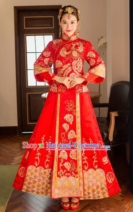 Ancient Chinese Wedding Costume Xiuhe Suits, China Traditional Bride Red Dress Restoring Embroidered Clothing for Women