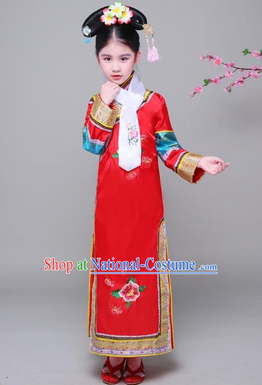 Traditional Ancient Chinese Qing Dynasty Princess Red Costume, Chinese Manchu Lady Embroidered Clothing for Kids