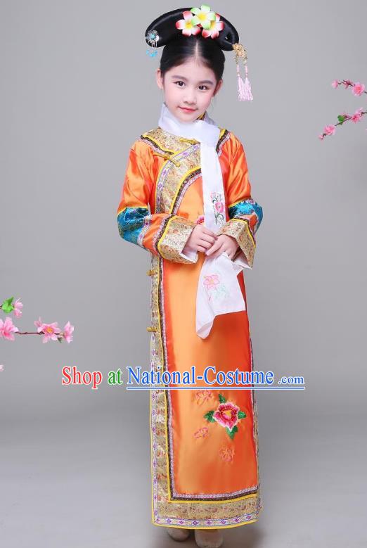 Traditional Ancient Chinese Qing Dynasty Princess Orange Costume, Chinese Manchu Lady Embroidered Clothing for Kids