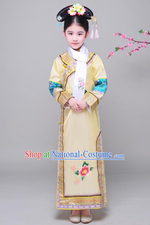 Traditional Ancient Chinese Qing Dynasty Princess Yellow Costume, Chinese Manchu Lady Embroidered Clothing for Kids