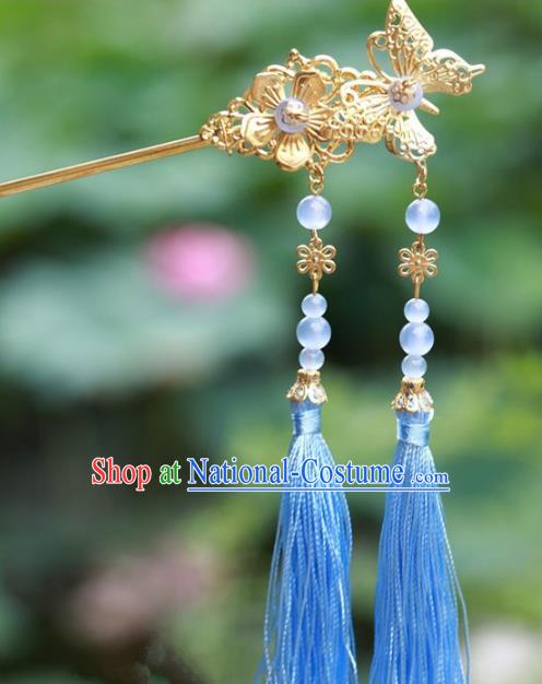 Traditional Chinese Handmade Hair Accessories Hairpins Hanfu Blue Tassel Step Shake for Kids