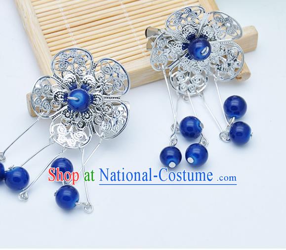 Traditional Chinese Handmade Hair Accessories Hairpins Hanfu Blue Beads Tassel Hair Claw for Kids