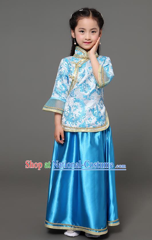 Traditional Chinese Republic of China Children Xiuhe Suit Clothing, China National Embroidered Blue Cheongsam Blouse and Skirt for Kids