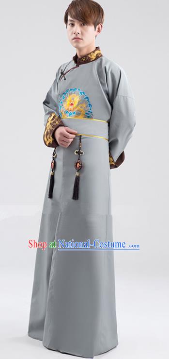 Traditional Ancient Chinese Qing Dynasty Prince Costume, China Manchu Nobility Childe Grey Embroidered Robe Clothing for Men