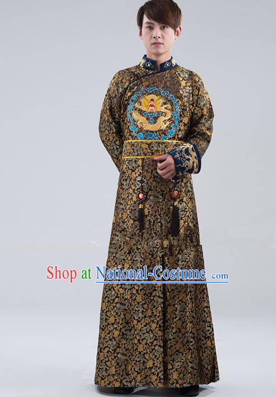 Traditional Ancient Chinese Qing Dynasty Prince Costume, China Manchu Nobility Childe Black Embroidered Robe Clothing for Men