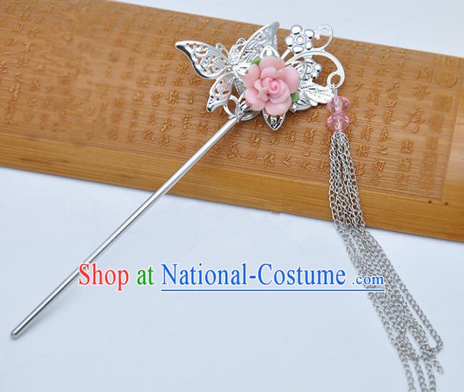 Traditional Chinese Handmade Hair Accessories Princess Hairpins Hanfu Pink Flower Tassel Step Shake for Kids