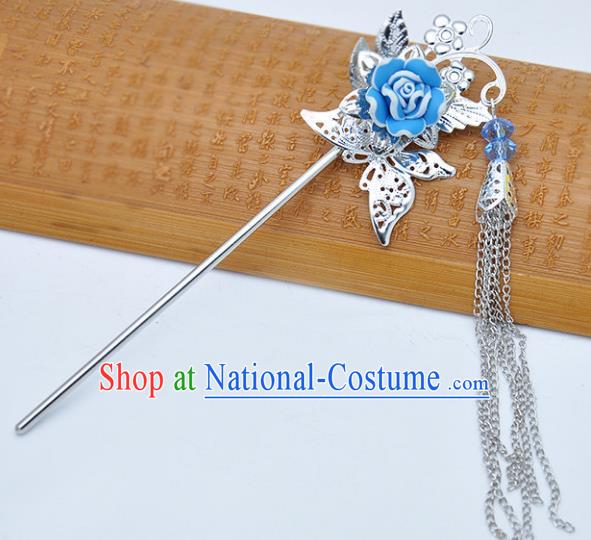 Traditional Chinese Handmade Hair Accessories Princess Hairpins Hanfu Blue Flower Tassel Step Shake for Kids