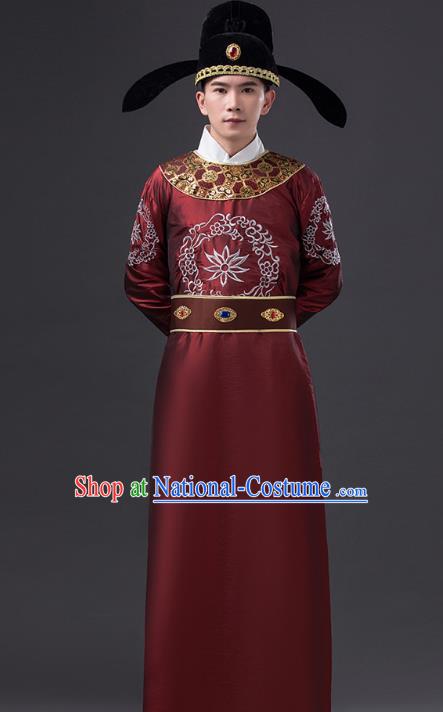 Traditional Chinese Tang Dynasty Prince Costume, China Ancient Minister Purplish Red Embroidered Robe Clothing for Men