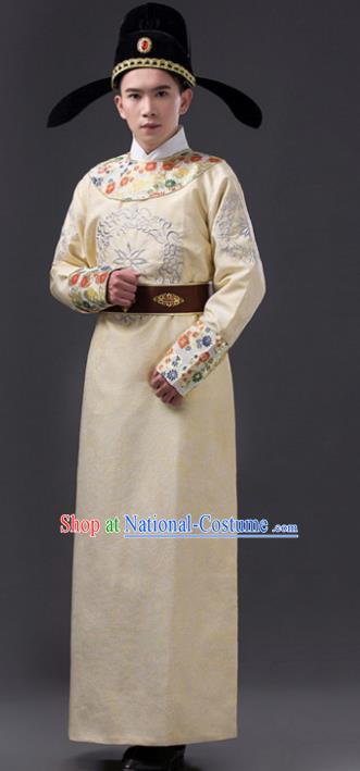 Traditional Chinese Tang Dynasty Prince Costume, China Ancient Minister Yellow Embroidered Robe Clothing for Men