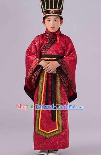 Traditional Chinese Han Dynasty Prime Minister Red Costume, China Ancient Chancellor Hanfu Clothing for Kids