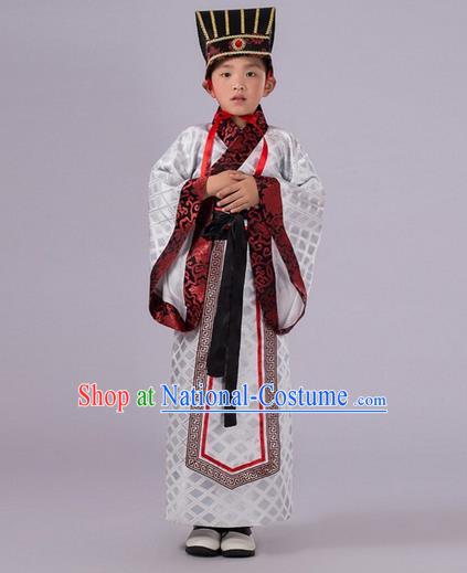 Traditional Chinese Han Dynasty Prime Minister White Costume, China Ancient Chancellor Hanfu Clothing for Kids