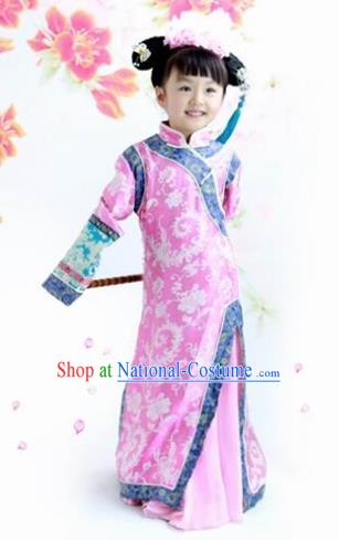 Traditional Chinese Qing Dynasty Princess Costume, China Ancient Manchu Lady Embroidered Clothing for Kids