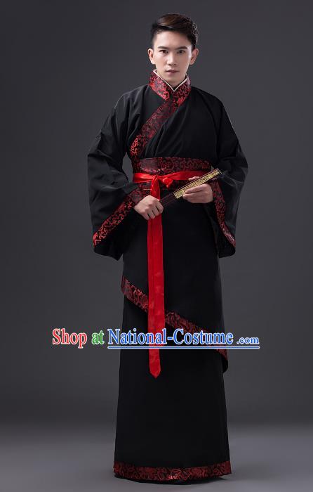 Traditional Chinese Han Dynasty Prime Minister Costume, China Ancient Chancellor Hanfu Black Clothing for Men