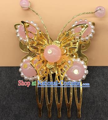 Traditional Chinese Handmade Hair Accessories Princess Hairpins Hanfu Pink Beads Butterfly Hair Comb for Kids