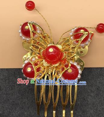 Traditional Chinese Handmade Hair Accessories Princess Hairpins Hanfu Red Beads Butterfly Hair Comb for Kids