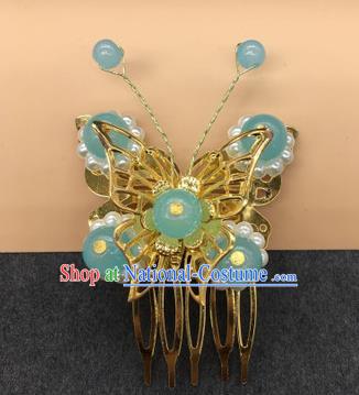 Traditional Chinese Handmade Hair Accessories Princess Hairpins Hanfu Blue Beads Butterfly Hair Comb for Kids