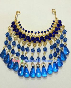 Traditional Handmade Chinese Ancient Classical Hair Accessories Blue Crystal Tassel Frontlet Hair Comb for Women