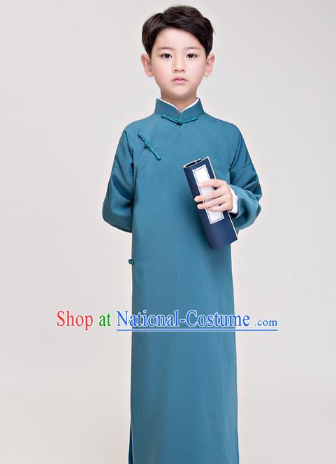 Traditional Chinese Republic of China Costume Blue Long Robe, China National Comic Dialogue Clothing for Kids