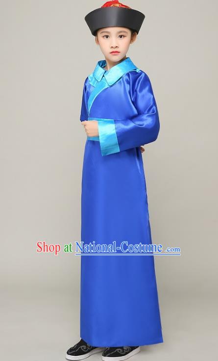 Traditional Chinese Qing Dynasty Court Eunuch Costume, China Manchu Imperial Bodyguard Blue Mandarin Robe for Kids