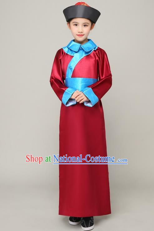 Traditional Chinese Qing Dynasty Court Eunuch Costume, China Manchu Imperial Bodyguard Red Mandarin Robe for Kids