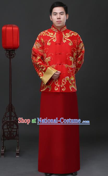 Ancient Chinese Wedding Costume China Traditional Bridegroom Embroidered Red Toast Clothing for Men