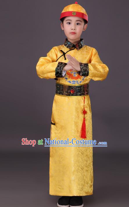 Traditional Chinese Qing Dynasty Children Emperor Costume, China Manchu Prince Yellow Embroidered Dragon Robe for Kids