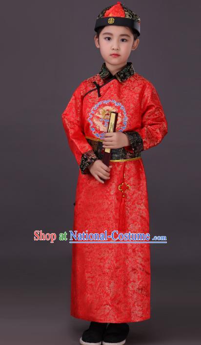 Traditional Chinese Qing Dynasty Children Emperor Costume, China Manchu Prince Red Embroidered Dragon Robe for Kids