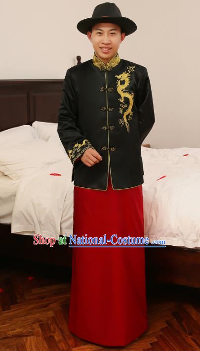 Ancient Chinese Qing Dynasty Wedding Costume China Traditional Bridegroom Embroidered Black Toast Clothing for Men