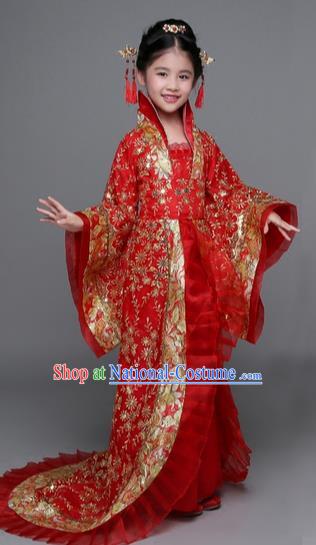 Traditional Chinese Tang Dynasty Imperial Concubine Costume, China Ancient Palace Lady Hanfu Embroidered Red Dress for Kids