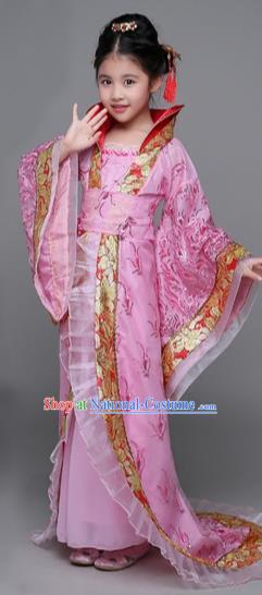 Traditional Chinese Tang Dynasty Imperial Concubine Costume, China Ancient Palace Lady Hanfu Embroidered Pink Dress for Kids