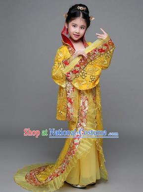 Traditional Chinese Tang Dynasty Imperial Concubine Costume, China Ancient Palace Lady Hanfu Embroidered Yellow Dress for Kids