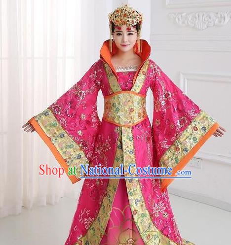 Traditional Chinese Tang Dynasty Imperial Concubine Rosy Costume, China Ancient Palace Lady Hanfu Embroidered Trailing Dress for Women