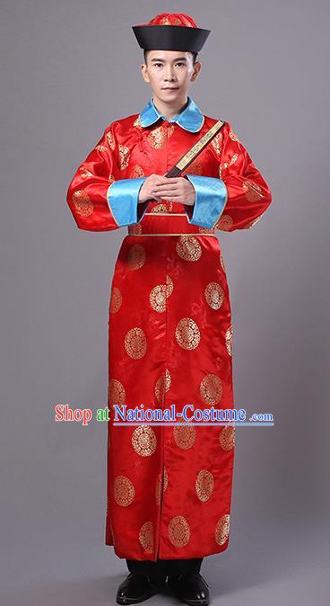 Traditional Ancient Chinese Qing Dynasty Prince Costume, China Manchu Imperial Bodyguard Mandarin Embroidered Robe for Men