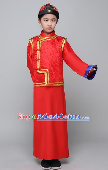 Traditional Ancient Chinese Qing Dynasty Children Prince Costume, China Manchu Bridegroom Mandarin Embroidered Robe for Kids