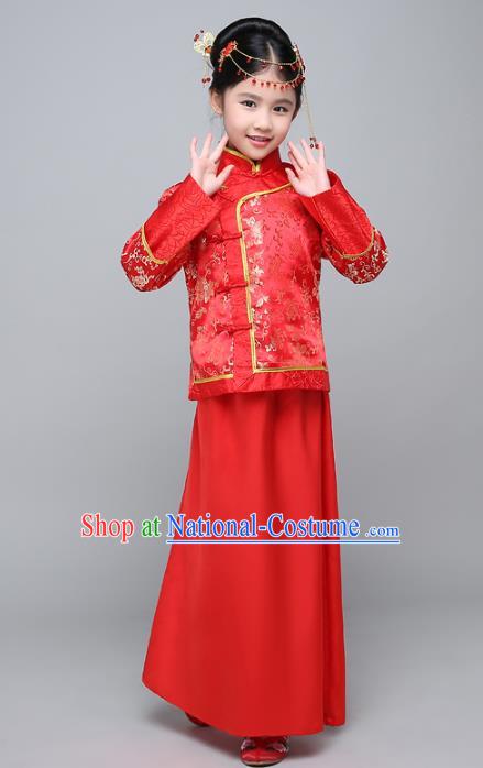 Traditional Ancient Chinese Qing Dynasty Children Princess Costume, China Manchu Bride Embroidered Clothing for Kids