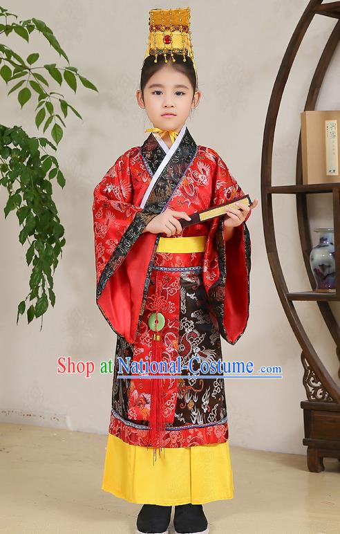 Traditional Chinese Han Dynasty Children Emperor Costume, China Ancient Majesty Hanfu Red Embroidered Robe for Kids