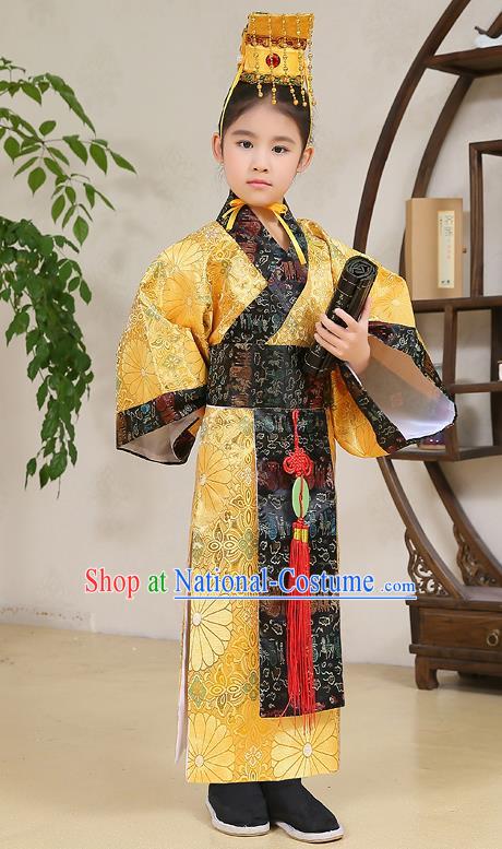 Traditional Chinese Han Dynasty Children Emperor Costume, China Ancient Majesty Hanfu Yellow Embroidered Robe for Kids