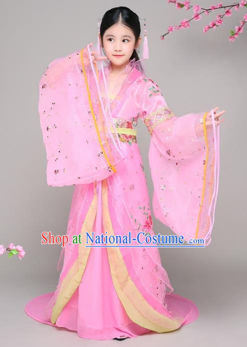 Traditional Chinese Tang Dynasty Children Imperial Concubine Costume, China Ancient Palace Lady Hanfu Embroidered Clothing for Kids