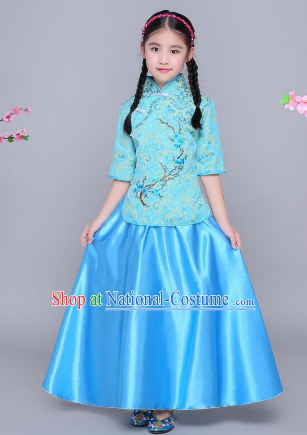 Traditional Chinese Republic of China Children Clothing, China National Embroidered Wintersweet Blue Blouse and Skirt for Kids