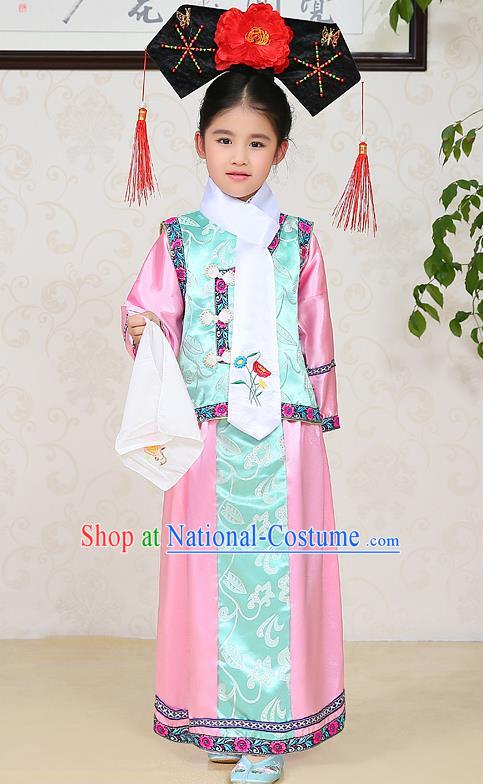 Traditional Chinese Qing Dynasty Children Princess Pink Costume, China Manchu Palace Lady Embroidered Clothing for Kids