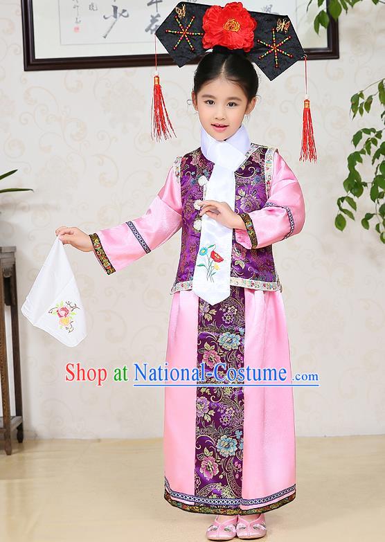 Traditional Chinese Qing Dynasty Children Princess Purple Costume, China Manchu Palace Lady Embroidered Clothing for Kids