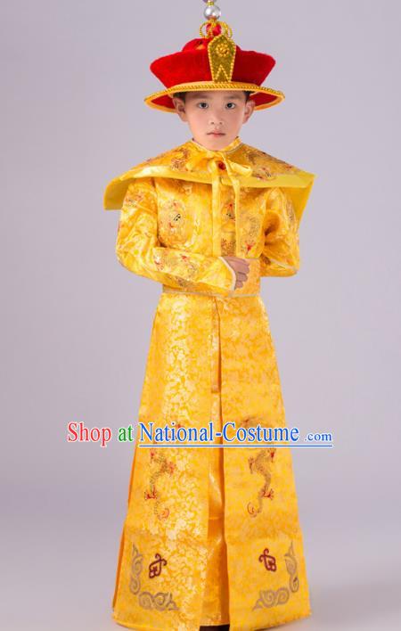 Traditional Chinese Qing Dynasty Children Emperor Costume, China Manchu Majesty Embroidered Dragon Robe for Kids