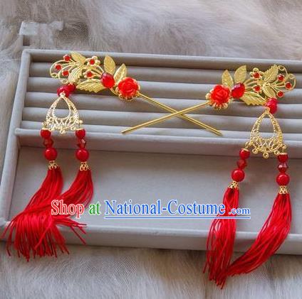 Traditional Handmade Chinese Ancient Classical Hair Accessories Hanfu Hairpins Red Tassel Step Shake for Kids