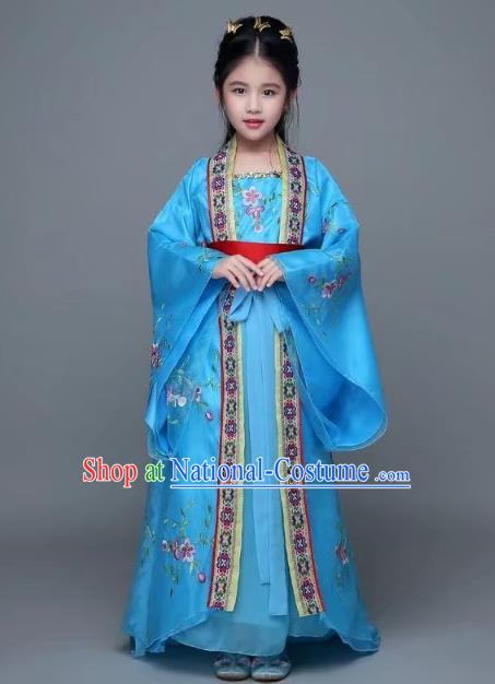 Traditional Chinese Tang Dynasty Palace Lady Blue Costume, China Ancient Imperial Concubine Hanfu Trailing Dress for Kids