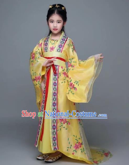 Traditional Chinese Tang Dynasty Palace Lady Yellow Costume, China Ancient Imperial Concubine Hanfu Trailing Dress for Kids