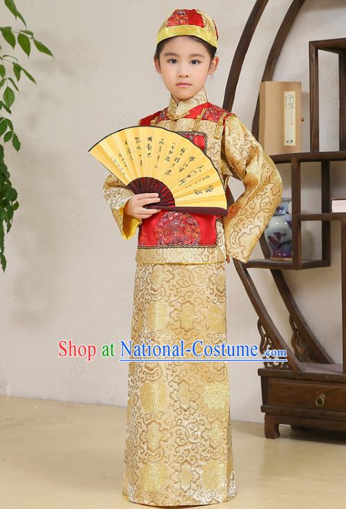 Traditional Chinese Qing Dynasty Nobility Childe Costume, China Manchu Prince Embroidered Clothing for Kids